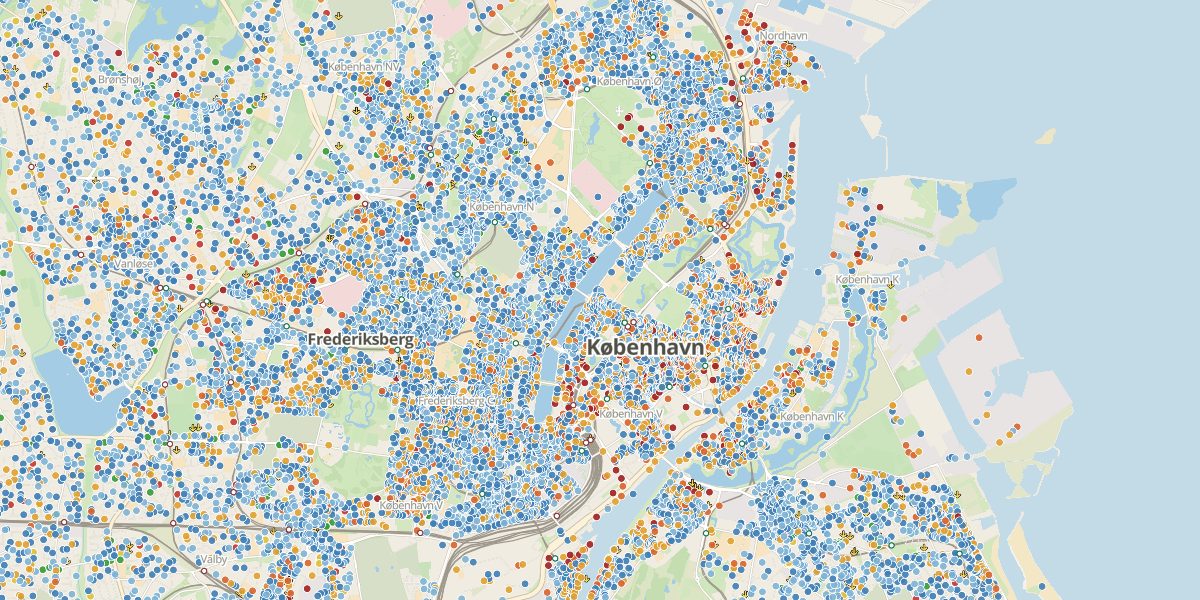 Danmarkskort med virksomheder farvet efter anslået værdi